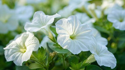 Sticker - Vibrant close-up of white petunia flowers with a deep green leafy background, the image serving as a natural and refreshing floral wallpaper