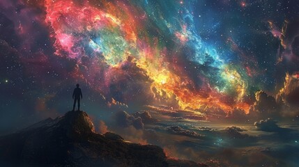 Wall Mural - A lone figure stands on a rocky outcrop, silhouetted against a breathtaking night sky filled with glowing nebulae and countless stars.