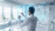 © AbiScene - Digital Marketing Expert Crafting Customer Journey Map in Modern Office Setting with Holographic Display and Touch Panels