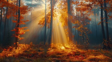 Wall Mural - Golden Rays Illuminating Autumn Forest