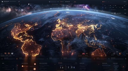 Poster - A digital illustration of Earth at night, showcasing glowing city lights across continents. The image includes a futuristic data interface, highlighting global connectivity and technology.