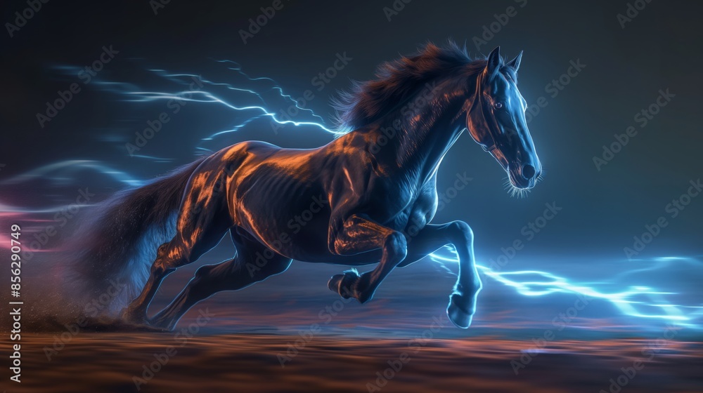 Dynamic black horse galloping with blue and red light trails in a ...