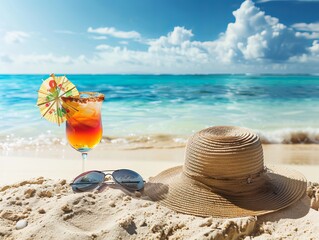 Poster - A tropical beach background featuring a cocktail and sun hat, symbolizing vacation and relaxation, ideal for a summery wallpaper