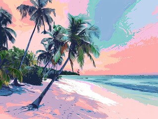 Wall Mural - The image presents a vivid stylized abstract representation of a tropical beach with palm trees, offering a vibrant background or wallpaper