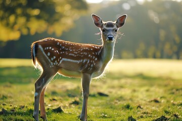 Wall Mural - selective focus photography of brown deer standing on green grass field during daytime