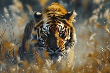 Wall Mural - Tiger in the nature habitat. Tiger male walking head on composition. Wildlife scene with danger animal. Hot summer