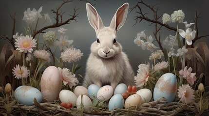 Wall Mural - This image is of a white rabbit sitting in a nest of colorful Easter eggs.