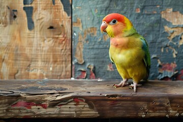 Wall Mural - yellow green and red bird on brown wooden surface
