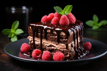Poster - Chocolate cake slice with raspberries and ganache., generative IA
