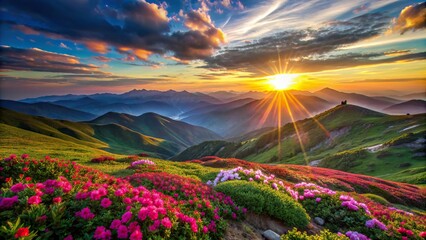 Wall Mural - Beautiful mountain sunset with vibrant flowers in various colors perfect for photography enthusiasts, sunset, flowers