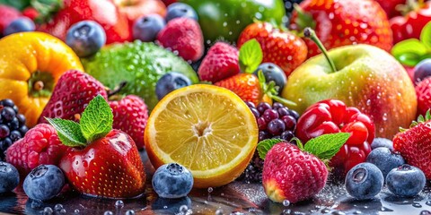 Wall Mural - A colorful and vibrant assortment of mixed fruits with water droplets for a refreshing and healthy image, healthy