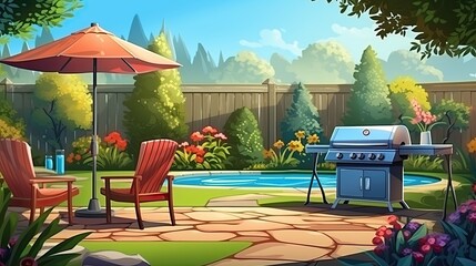 Wall Mural - A beautiful backyard with a pool, grill, and patio furniture. The perfect place to relax and enjoy the summer sun.