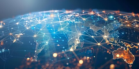 Fototapete - A globe with a network of lines connecting it. The globe is lit up with a blue and orange color scheme