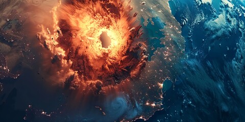 Wall Mural - A fiery explosion in space with a bright light surrounding it. The explosion is surrounded by a dark cloud of smoke and debris