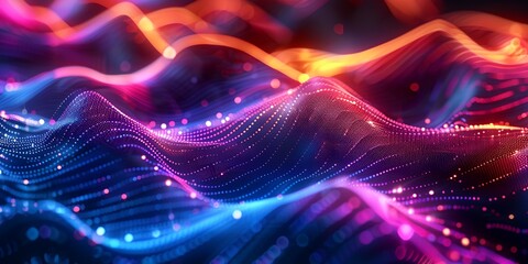 Fototapete - A colorful wave with a purple and orange background. The wave is made up of many small dots, giving it a dreamy, ethereal appearance