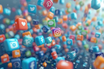 A colorful image of social media icons such as Facebook, Twitter, Instagram, and others. Concept of a busy social media world with many different platforms and users