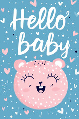 Cute baby shower card with inscription hello baby on blue background