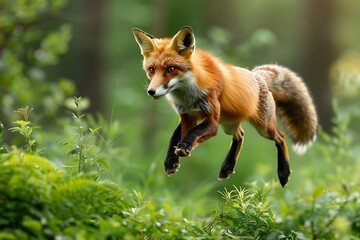 Red Fox jump hunting, Vulpes vulpes, wildlife scene from Europe. Orange fur coat animal in the nature habitat. Fox on the green forest meadow. Funny image from nature.