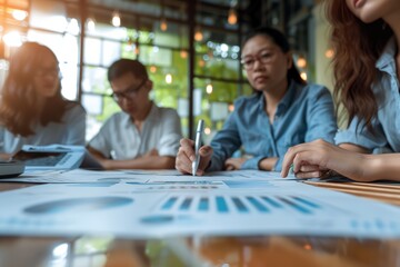 Poster - a group of people are sitting around a table with papers and a whiteboard. one person is writing on 
