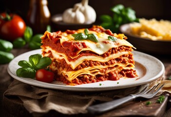 Wall Mural - cheesy layered lasagna bubbling delicious italian pasta dish, cheese, savory, cooked, homemade, meal, traditional, cuisine, baked, food, fresh, gourmet