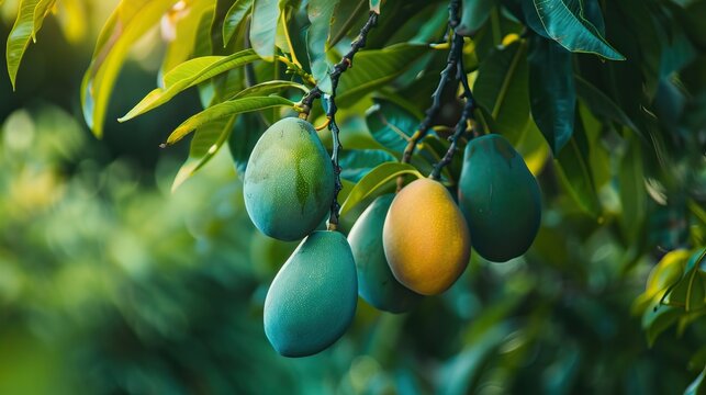Mangoes hanging on a tree with lush green leaves