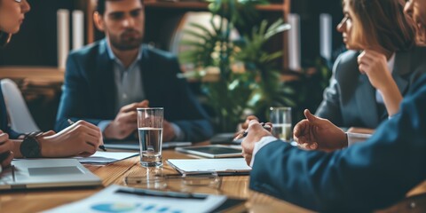 Poster - A group of people are sitting around a table with a glass of water in front of them. They are all dressed in business attire and appear to be discussing something important
