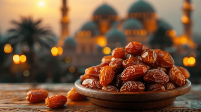 Ramadan Iftar Dates on Wooden Table with Evening Mosque Background