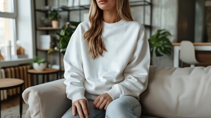 Blank White Crewneck Sweatshirt Mockup on Young Woman in Modern Living Room - Print Area for Logo/Design Template
