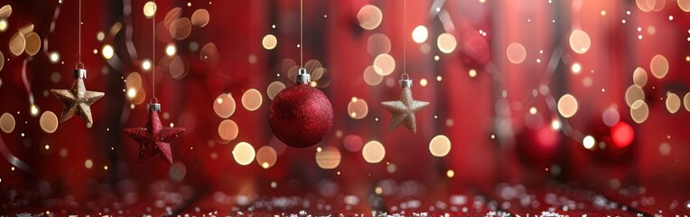 Wall Mural - Christmas Ornaments on Red Wooden Wall with Bokeh Lights