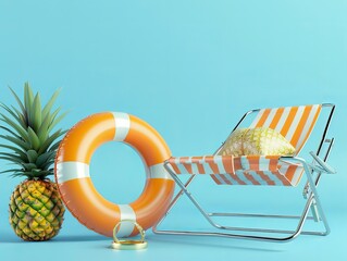 Poster - An abstract depiction of summer vacation, featuring a pineapple, lifebuoy, and beach chair against a blue background that serves as an ideal wallpaper