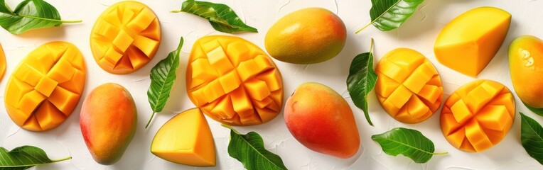 Wall Mural - Mango Harvest: Set of Ripe Fruits and Slices Isolated on White Background