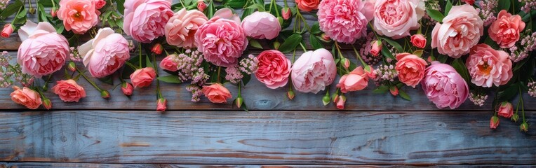 Canvas Print - Blooming Pastels: Close-Up of Fresh Peonies and Roses on Rustic Wooden Background with Copy Space