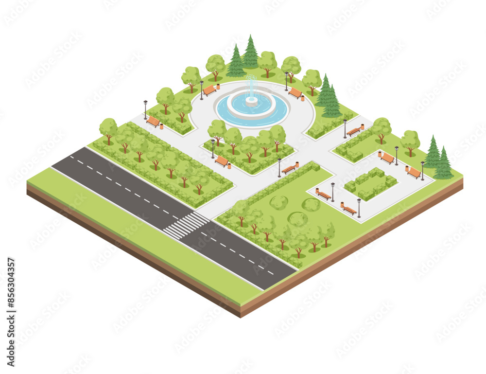 Isometric city park landscape design concept with an asphalt road and a ...
