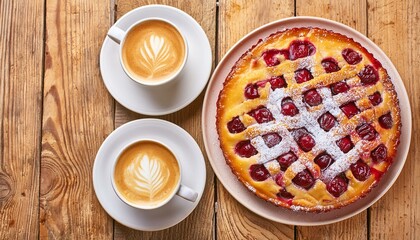 two cups of aromatic tasty latte with picture on sauser and baked sweet pie with berries sprinkled powdered sugar on wooden table