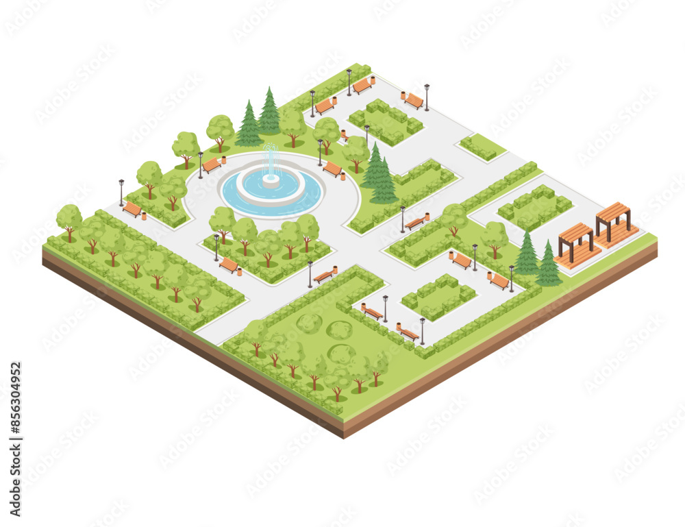 Isometric city park landscape design concept with water fountain vector ...