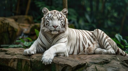 Wall Mural - A magnificent white tiger displays its stylish stripes and strength