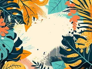 Sticker - A dynamic abstract background painting bursting with tropical leaves and floral elements in a vibrant, wallpaper-friendly composition reflecting themes of nature, growth, and vitality