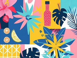 Sticker - This abstract, brightly colored pattern featuring tropical plants and fruit exhibits a playful, modern style ideal for backgrounds or wallpapers