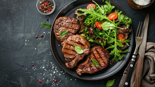 Juicy meat steaks served with a refreshing salad, captured from above on a dark table