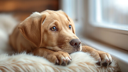 Wall Mural - Cute golden puppy dog lying by the window in a cozy home, looking adorable and furry