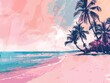 © qorqudlu - This abstract tropical beach wallpaper features a pink and teal color palette with stylized palm trees and a serene ocean background