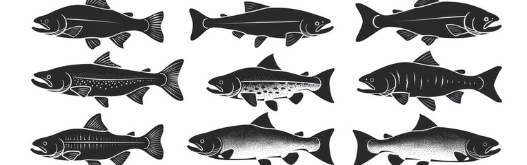 Fish Icon Set: Collection of Trout and Salmon Silhouettes for Logo Design and Fishing Graphics