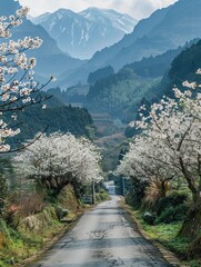 Sticker - A serene road is embellished with cherry blossoms against a mountainous abstract background, making for a peaceful wallpaper