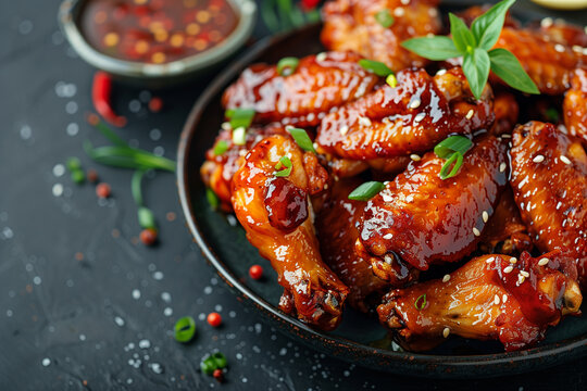 Sticky honey-soy chicken wings on plate over dark stone background. Top view, flat lay, close up