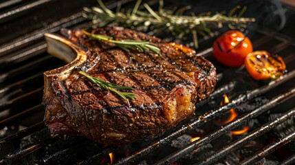 Wall Mural - Savor the smoky goodness of our grilled Tomahawk steak, a colossal cut perfect for sharing or indulging in a majestic culinary experience