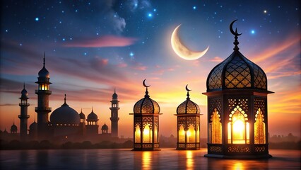 Islamic lanterns and mosque silhouette against night sky during Ramadan, Ramadan, Islamic, lanterns, mosque