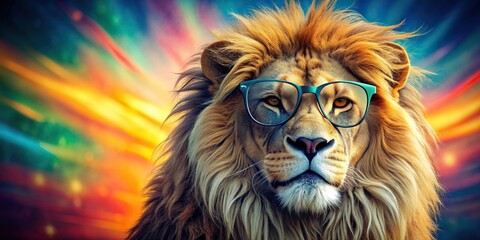 Wall Mural - Lion wearing stylish sunglasses in front of vibrant background, lion, sunglasses, fashion, wild animal, cool, colorful, trendy