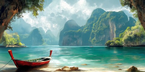 illustration beautiful tropical coast scenery landscape in Thailand with boat on quiet beach and lime pillar rock and blue green turquois water