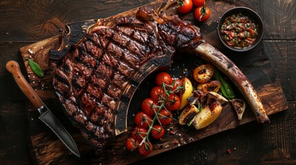 Wall Mural - Savor the smoky goodness of our grilled Tomahawk steak, a colossal cut perfect for sharing or indulging in a majestic culinary experience