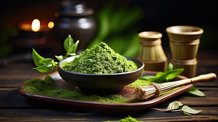 Wall Mural - Green matcha tea powder on wooden table
